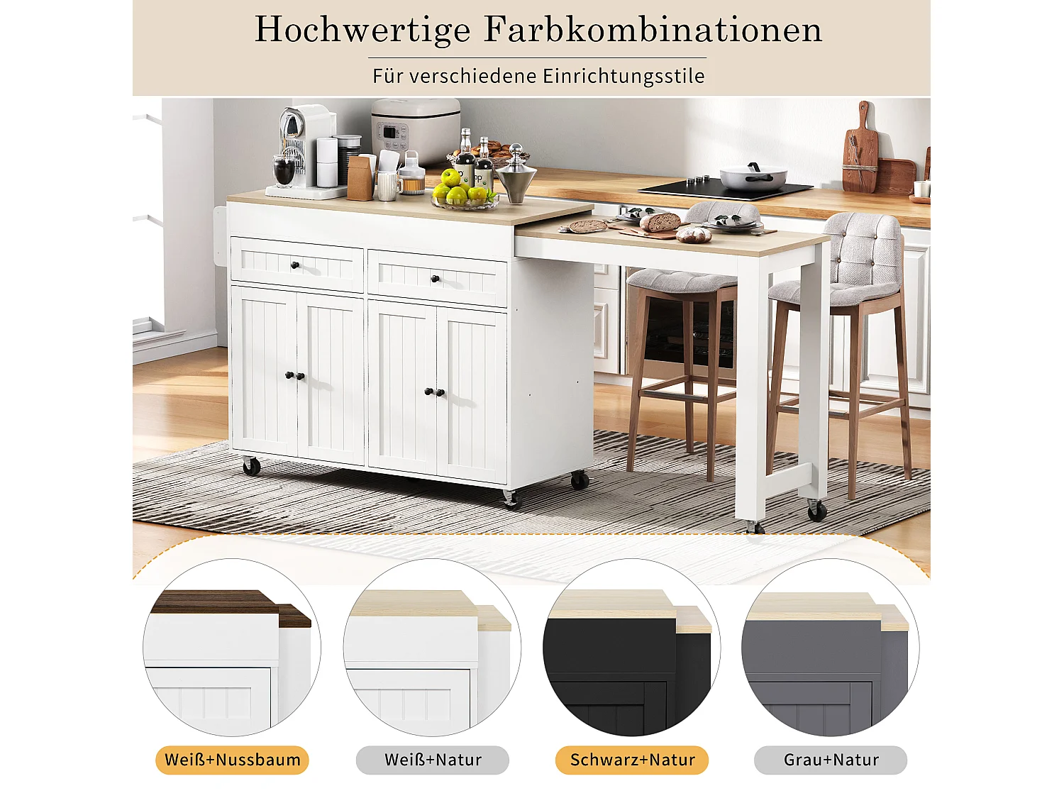 Îlot de cuisine mobile avec plan de travail extensible, tiroirs, MDF, blanc et naturel (180.5x45x92.2 cm)