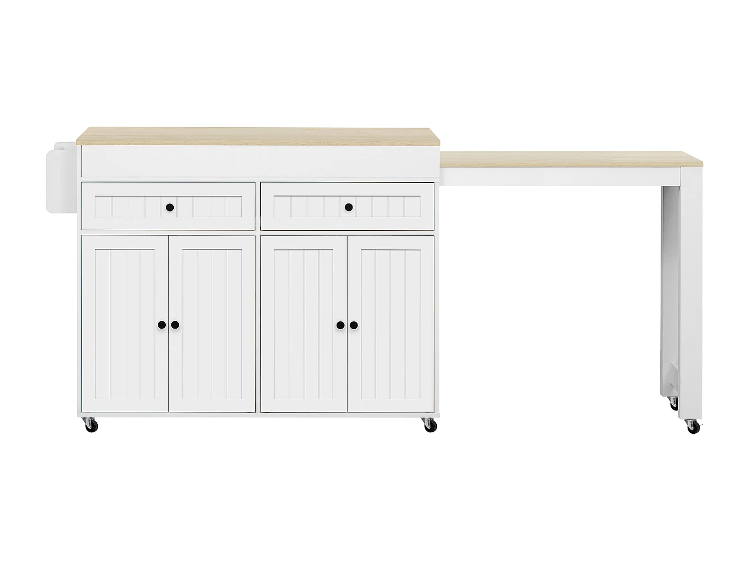 Îlot de cuisine mobile avec plan de travail extensible, tiroirs, MDF, blanc et naturel (180.5x45x92.2 cm)