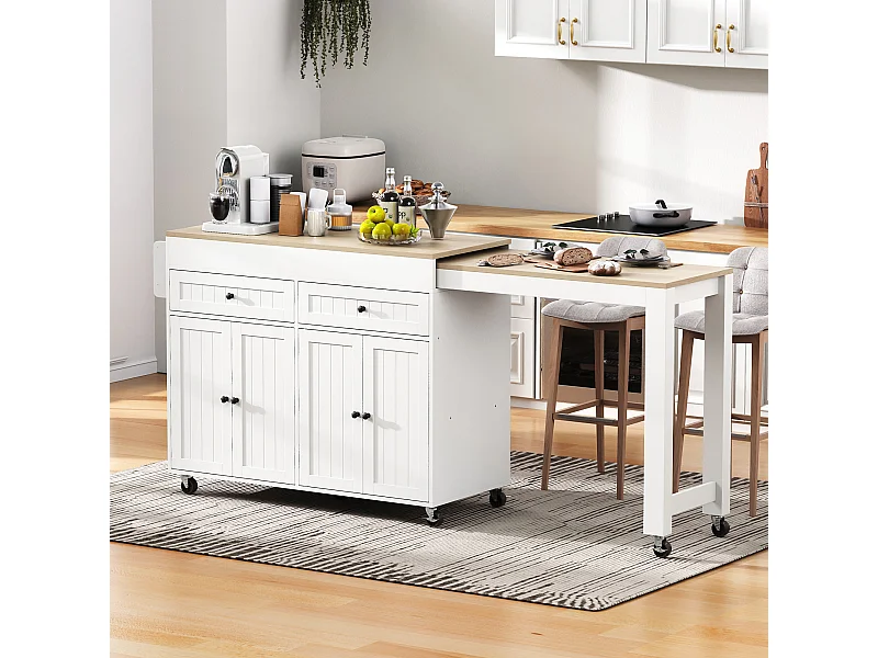 Îlot de cuisine mobile avec plan de travail extensible, tiroirs, MDF, blanc et naturel (180.5x45x92.2 cm)