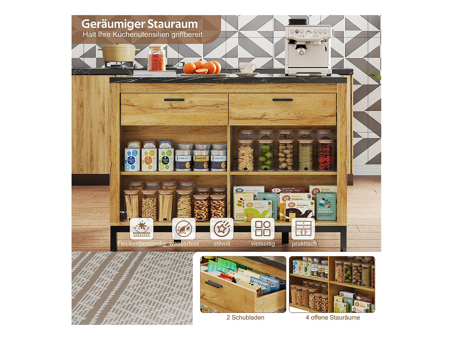 Îlot de cuisine en style campagne, avec 2 tiroirs, 4 étagères ouvertes et plan de travail en marbre noir, bois et métal doré (120x75x90 cm)