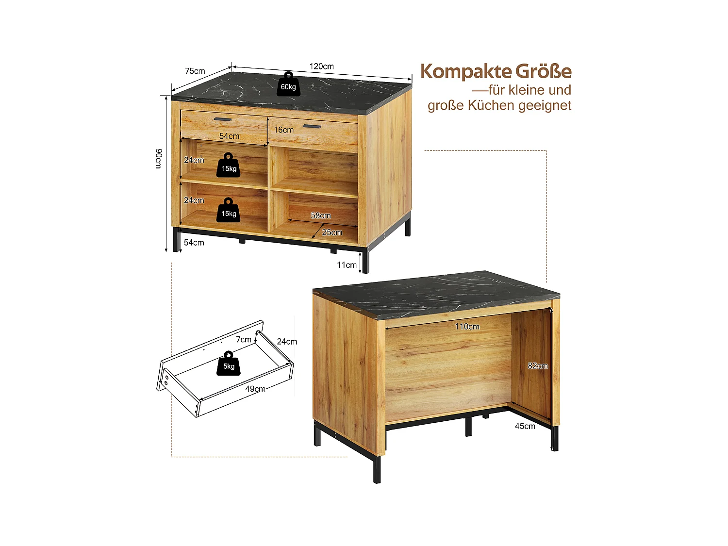 Îlot de cuisine en style campagne, avec 2 tiroirs, 4 étagères ouvertes et plan de travail en marbre noir, bois et métal doré (120x75x90 cm)