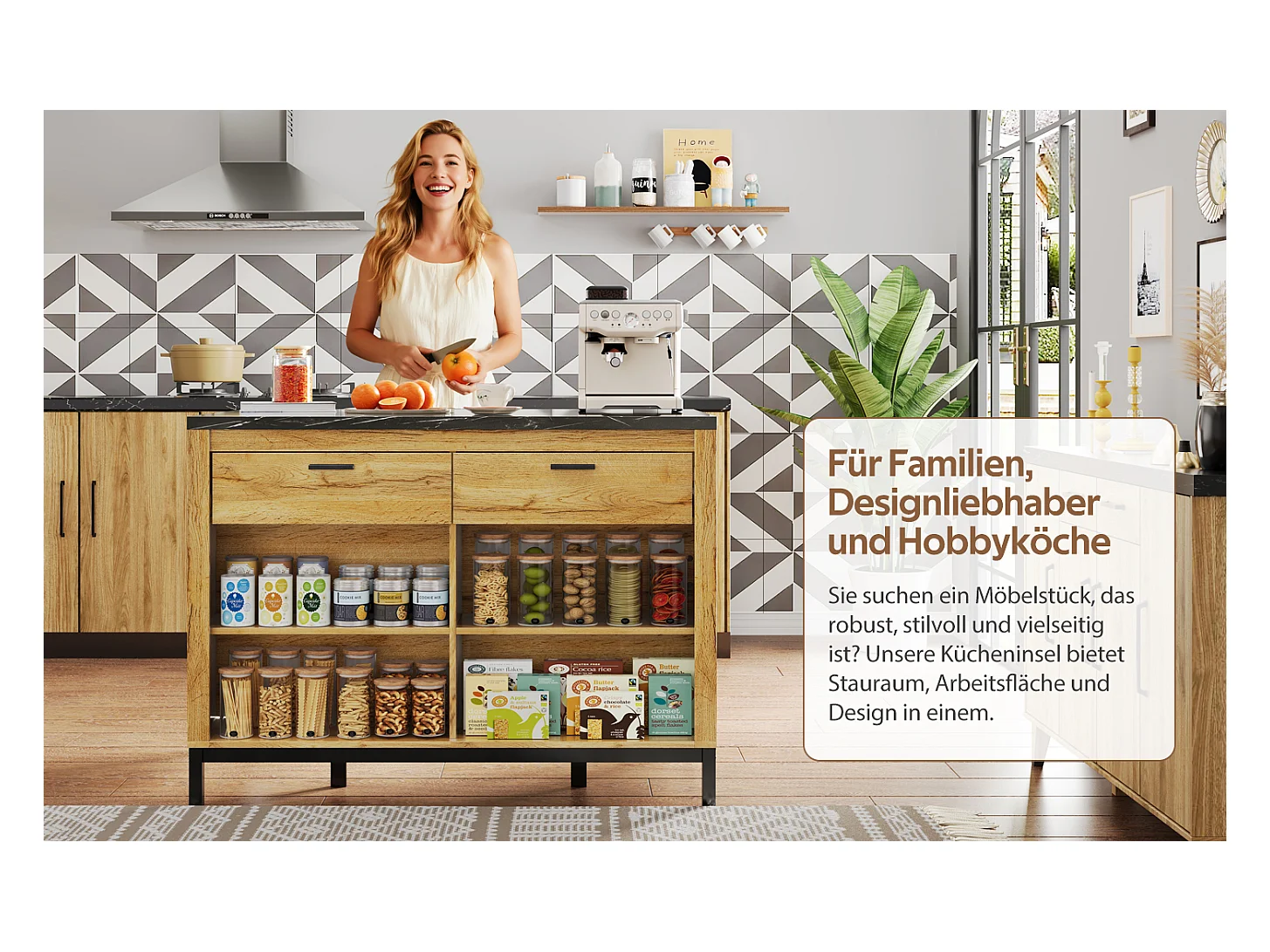 Îlot de cuisine en style campagne, avec 2 tiroirs, 4 étagères ouvertes et plan de travail en marbre noir, bois et métal doré (120x75x90 cm)