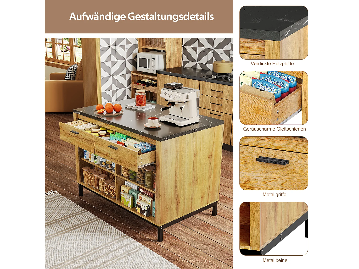 Isola da cucina in stile country con 2 cassetti, 4 ripiani aperti e piano di lavoro in marmo nero, legno e metallo dorato (120x75x90 cm)