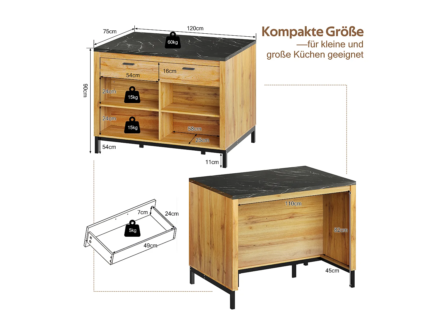 Isola da cucina in stile country con 2 cassetti, 4 ripiani aperti e piano di lavoro in marmo nero, legno e metallo dorato (120x75x90 cm)