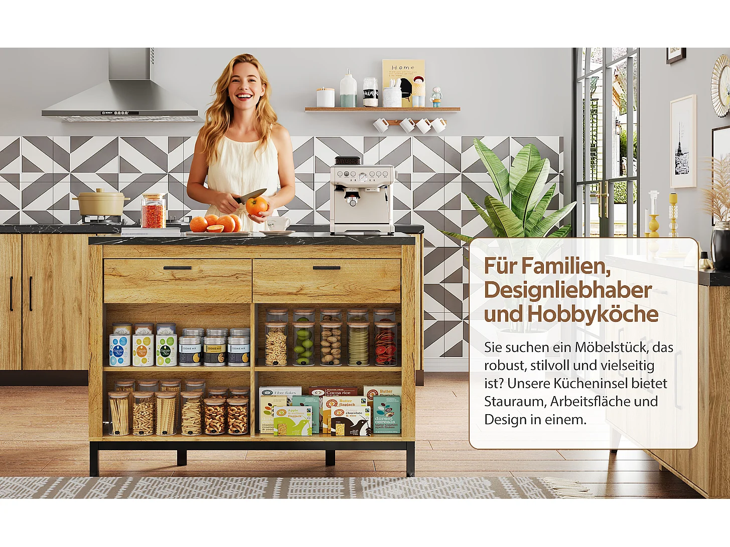 Isola da cucina in stile country con 2 cassetti, 4 ripiani aperti e piano di lavoro in marmo nero, legno e metallo dorato (120x75x90 cm)