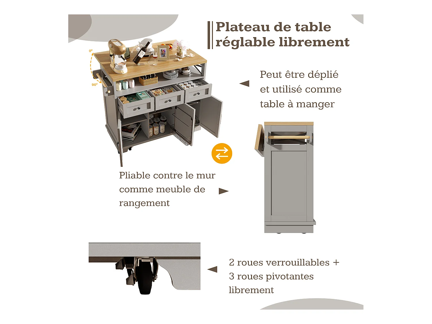 Îlot de cuisine moderne avec rangement multifonction, bois, métal doré, gris, avec roues et séparateurs amovibles (118x43-80x98 cm)