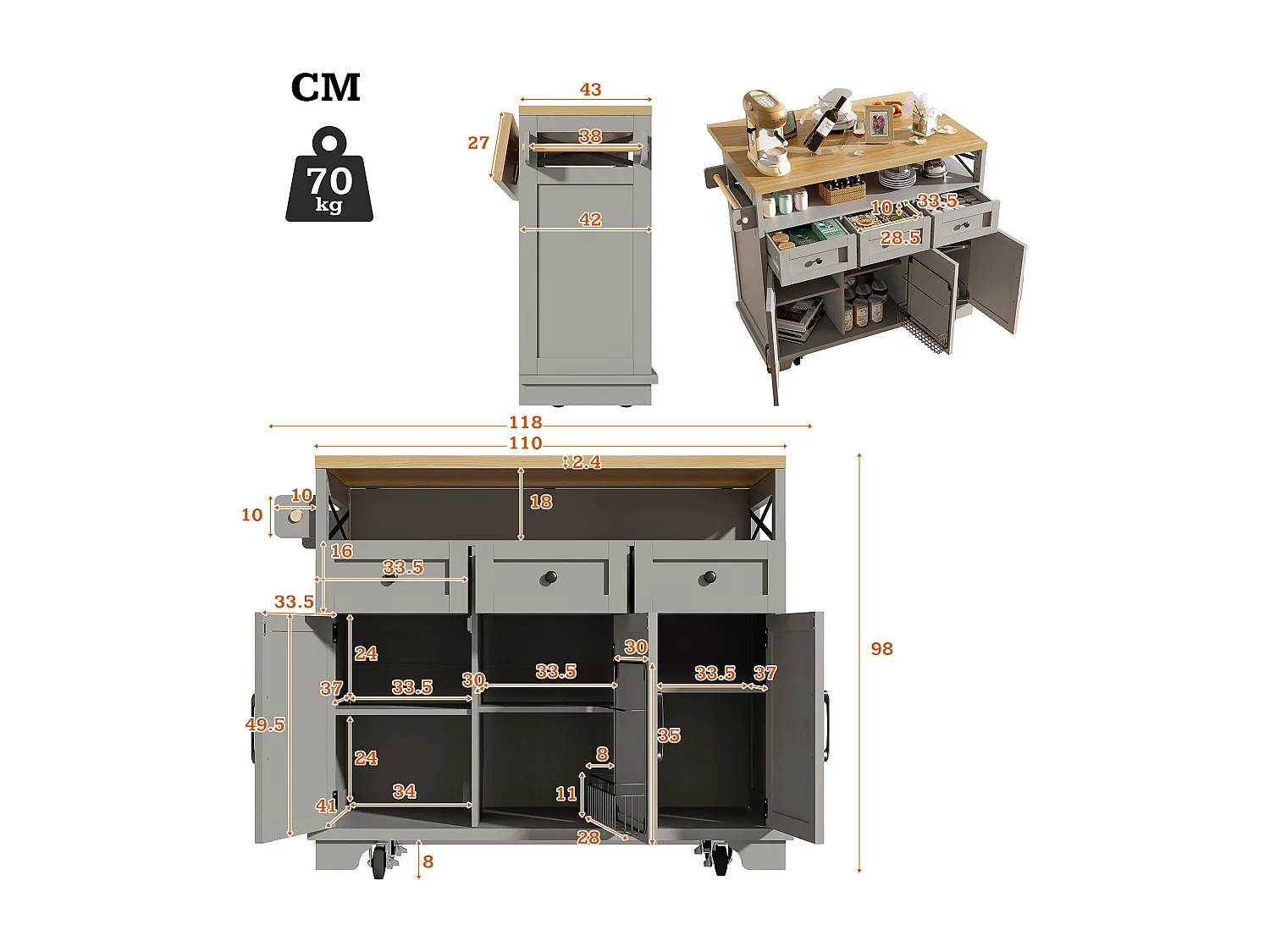Îlot de cuisine moderne avec rangement multifonction, bois, métal doré, gris, avec roues et séparateurs amovibles (118x43-80x98 cm)