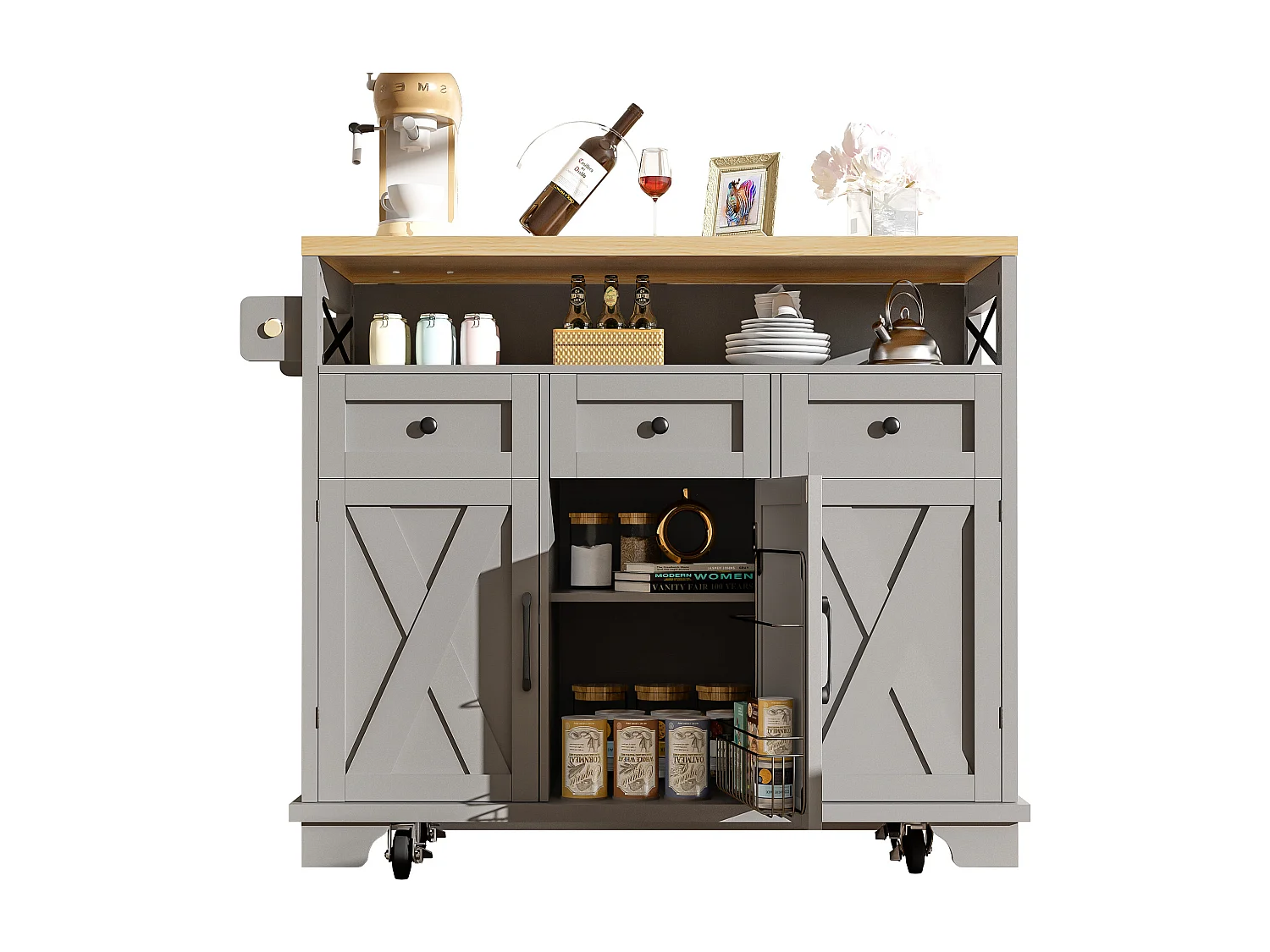 Îlot de cuisine moderne avec rangement multifonction, bois, métal doré, gris, avec roues et séparateurs amovibles (118x43-80x98 cm)