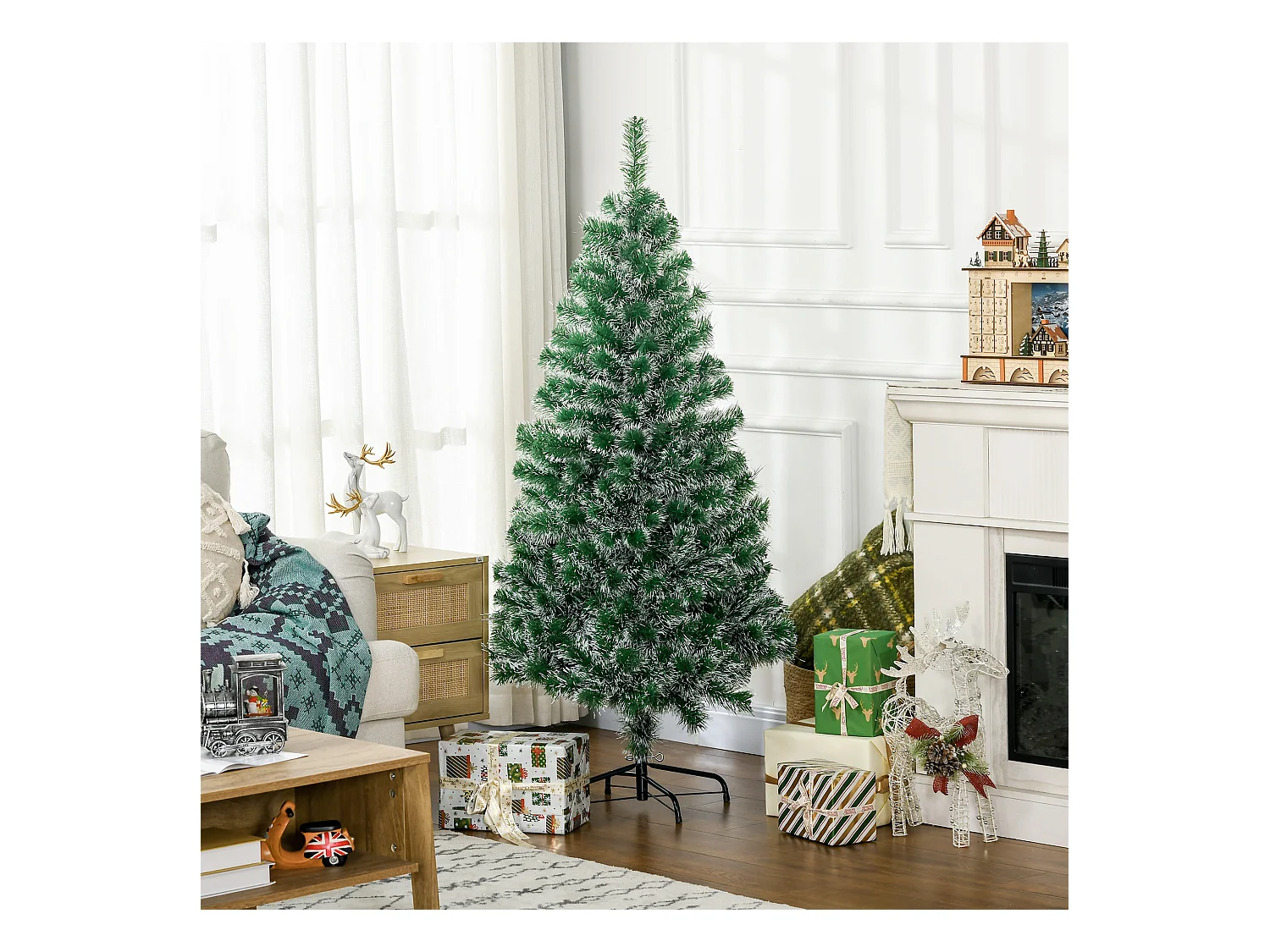 Sapin de Noël artificiel 1,5 m avec neige, 416 branches en PET, vert (Ø75 x 150 cm)