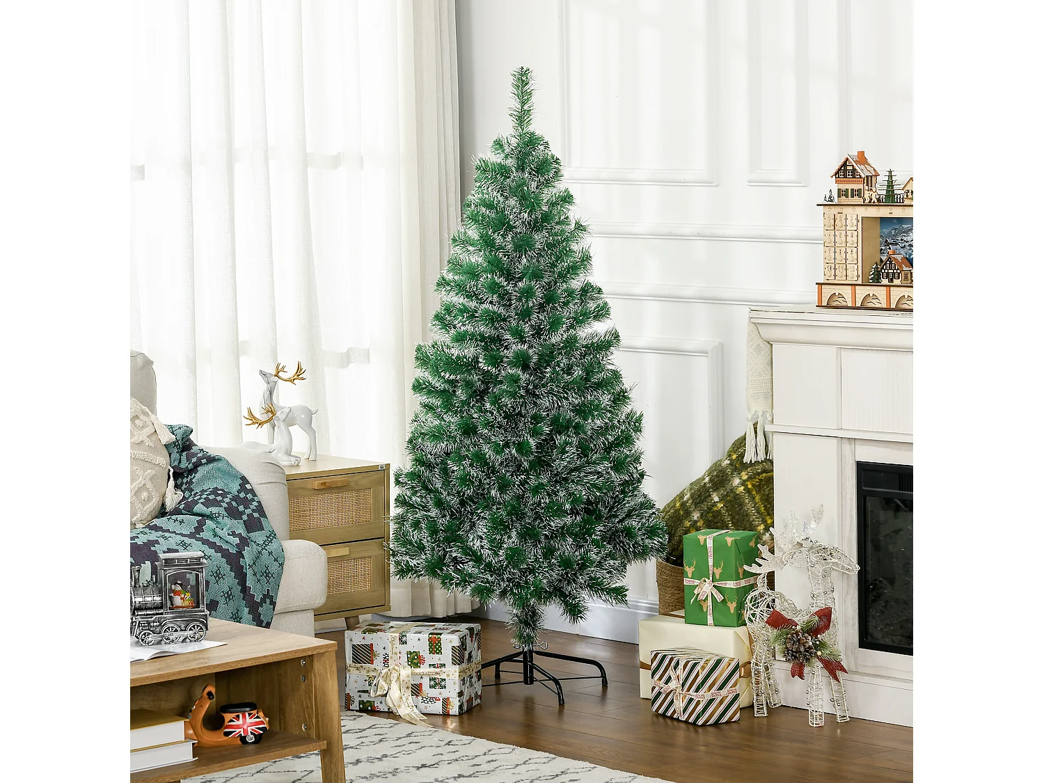 Albero di Natale artificiale 1,5 m con neve, 416 rami in PET, verde (Ø75 x 150 cm)