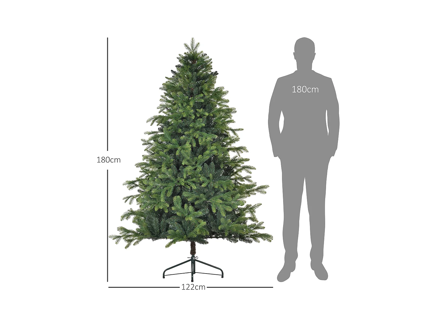 Kunstkerstboom 180 cm met 1700 takken, gevlamd, metaal, groen (Ø122 x 183 cm)