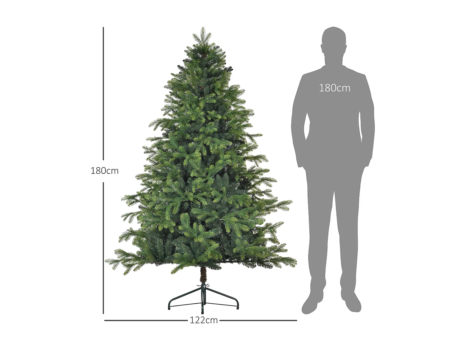 Kunstkerstboom 180 cm met 1700 takken, gevlamd, metaal, groen (Ø122 x 183 cm)