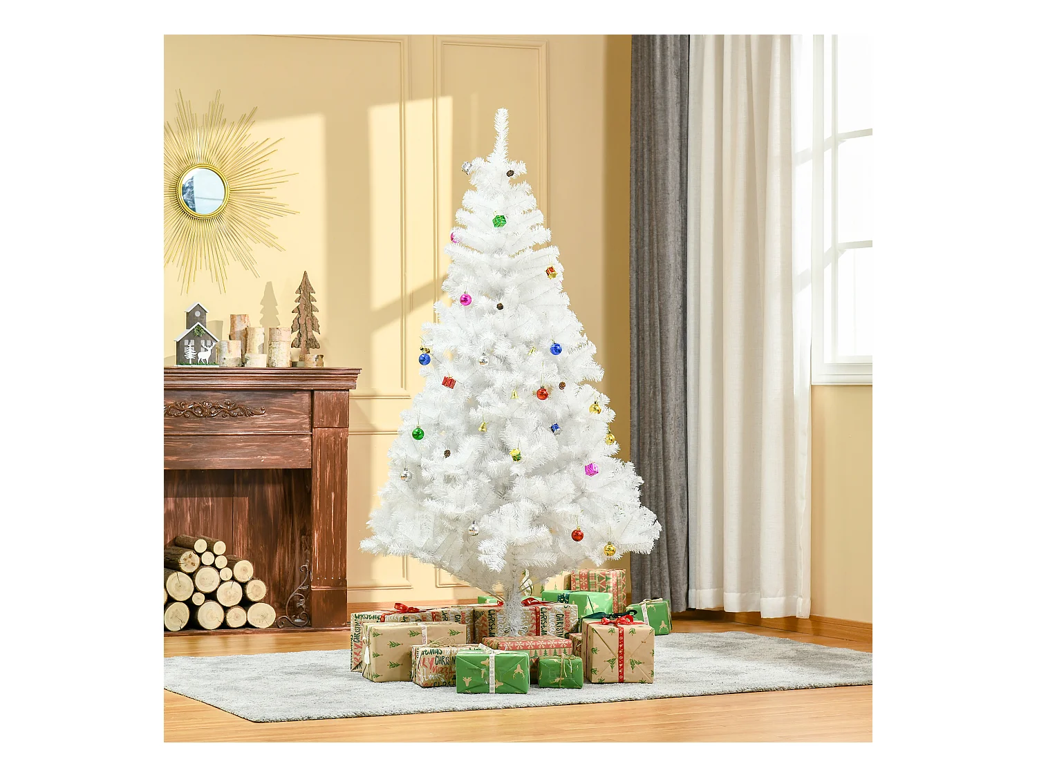 Kunstkerstboom 180 cm met sneeuw, versierd, 416 PVC takken, wit (Ø102 x 180 cm)