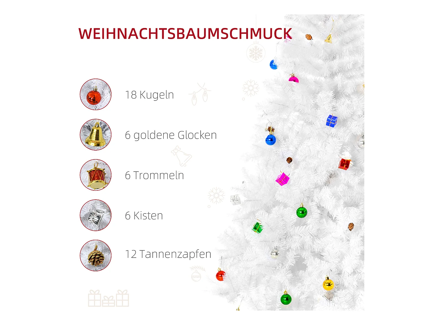 Kunstkerstboom 180 cm met sneeuw, versierd, 416 PVC takken, wit (Ø102 x 180 cm)