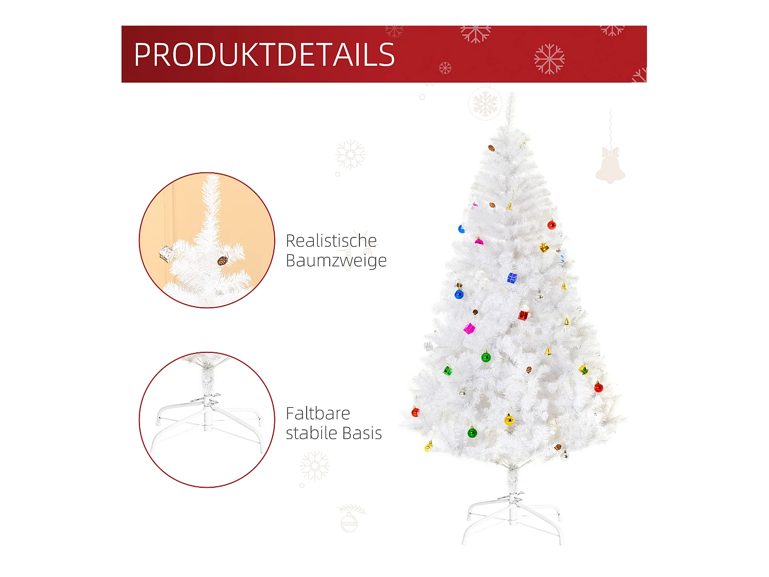 Kunstkerstboom 180 cm met sneeuw, versierd, 416 PVC takken, wit (Ø102 x 180 cm)