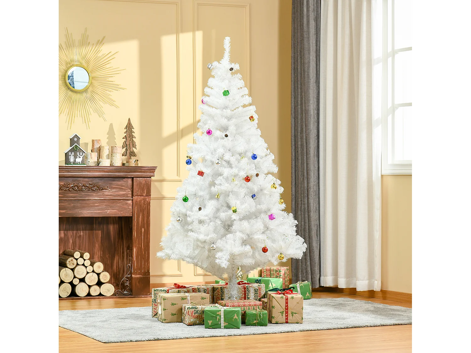 Sapin de Noël artificiel 180 cm avec neige, décoré, 416 branches en PVC, blanc (Ø102 x 180 cm)