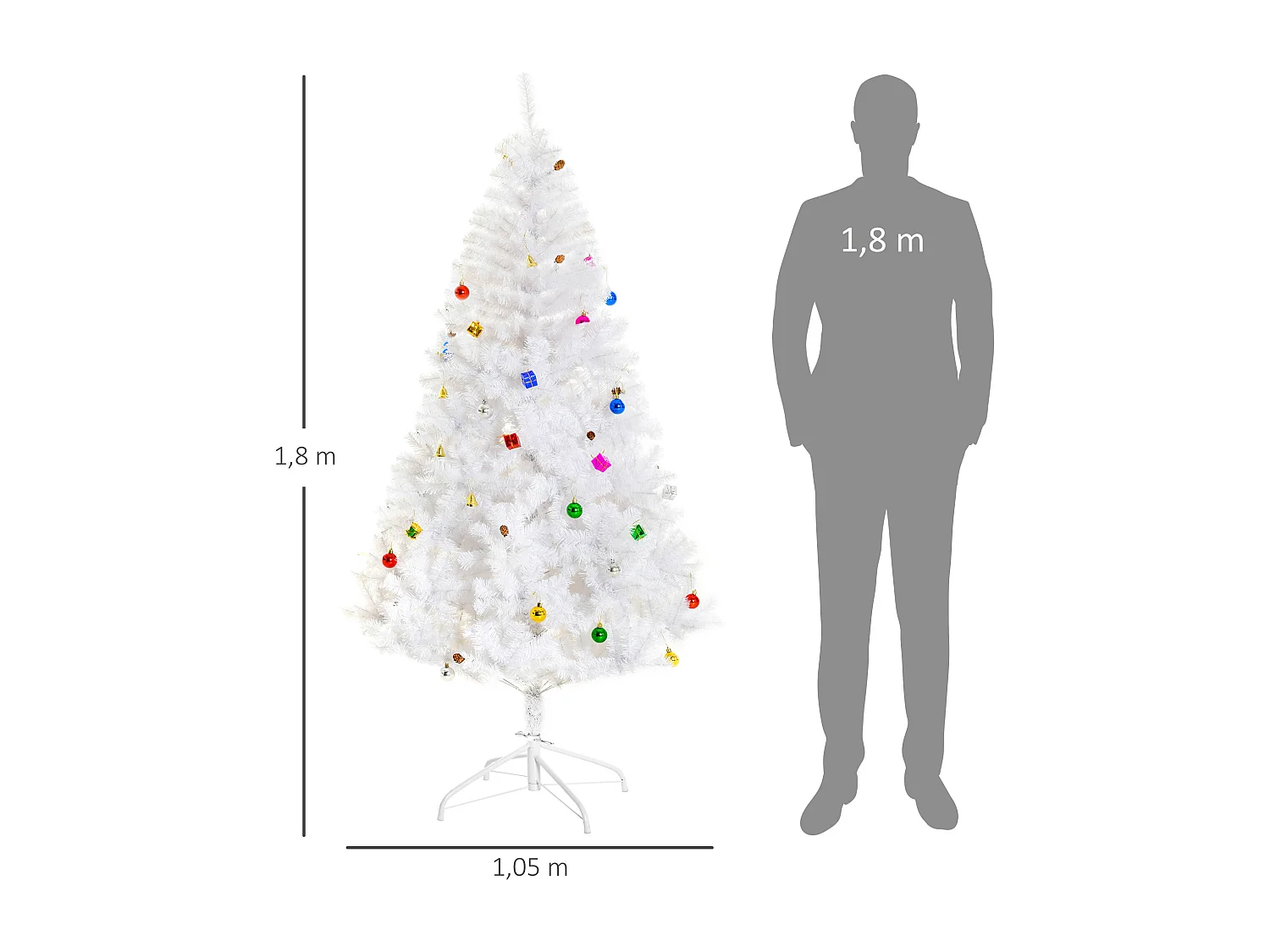 Sapin de Noël artificiel 180 cm avec neige, décoré, 416 branches en PVC, blanc (Ø102 x 180 cm)