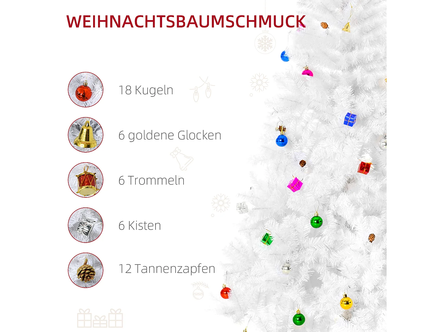 Sapin de Noël artificiel 180 cm avec neige, décoré, 416 branches en PVC, blanc (Ø102 x 180 cm)