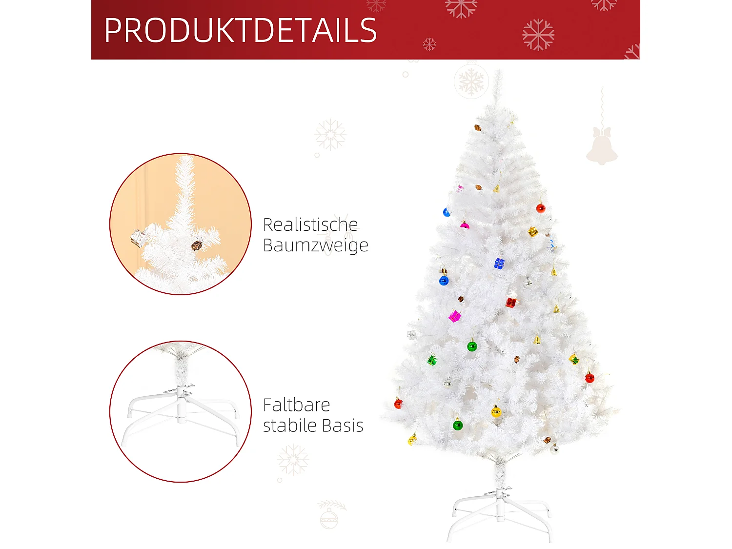 Sapin de Noël artificiel 180 cm avec neige, décoré, 416 branches en PVC, blanc (Ø102 x 180 cm)