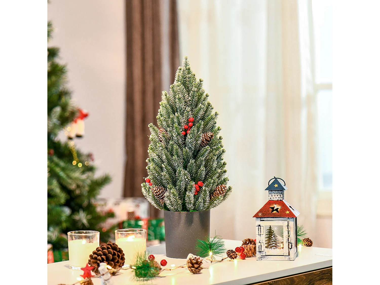 Kunstkerstboom 50 cm, sneeuwmotief, 170 takken, kunststof voet, versierd (Ø27 x 47 cm)