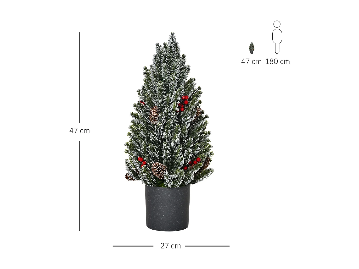 Kunstkerstboom 50 cm, sneeuwmotief, 170 takken, kunststof voet, versierd (Ø27 x 47 cm)