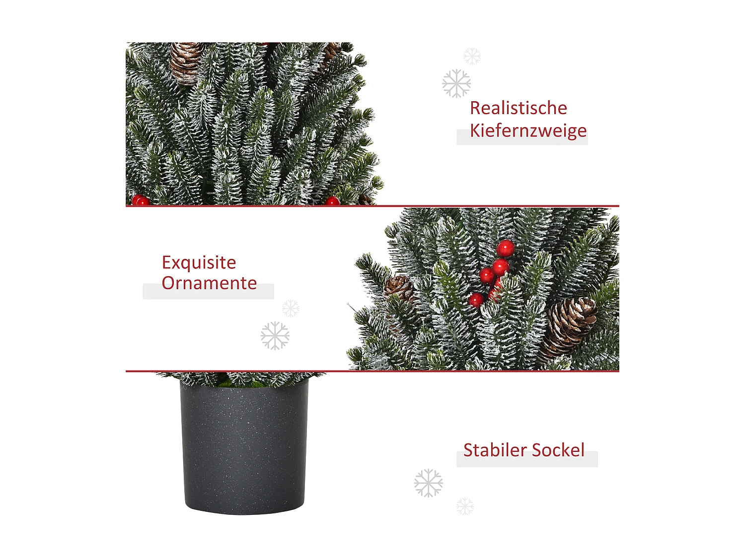 Kunstkerstboom 50 cm, sneeuwmotief, 170 takken, kunststof voet, versierd (Ø27 x 47 cm)