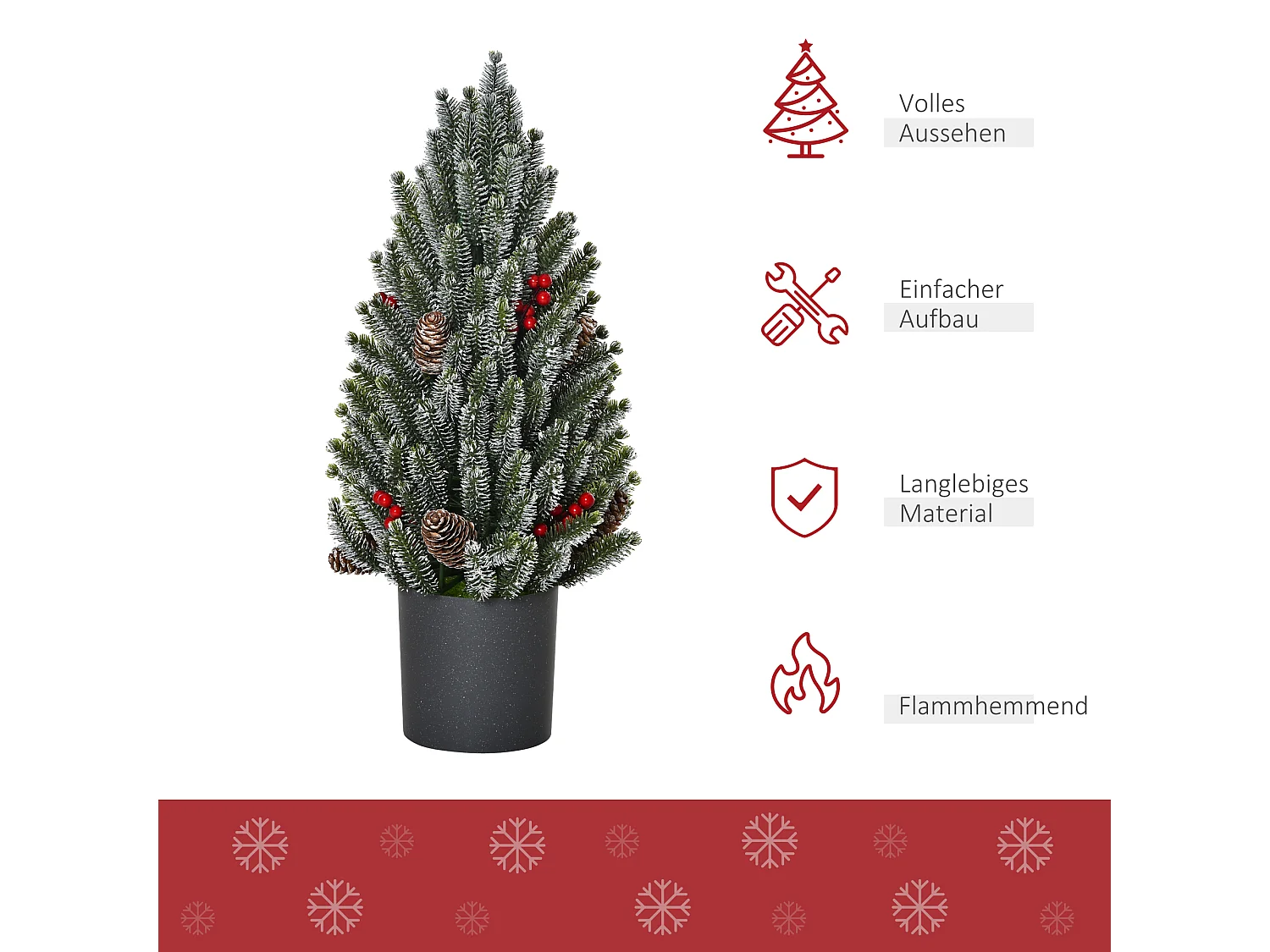 Kunstkerstboom 50 cm, sneeuwmotief, 170 takken, kunststof voet, versierd (Ø27 x 47 cm)