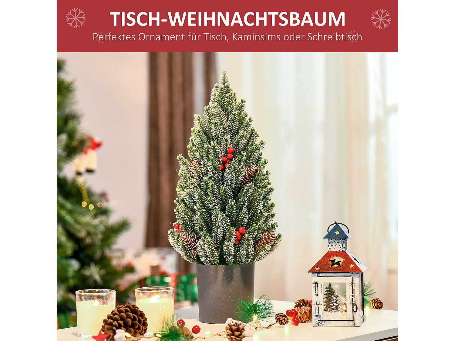 Kunstkerstboom 50 cm, sneeuwmotief, 170 takken, kunststof voet, versierd (Ø27 x 47 cm)