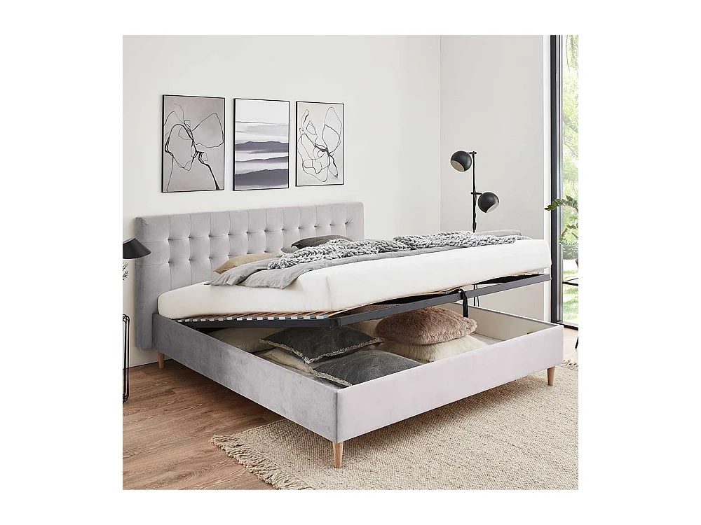 Stoffbett Hellgrau Samt in modernem Design mit Bettkasten