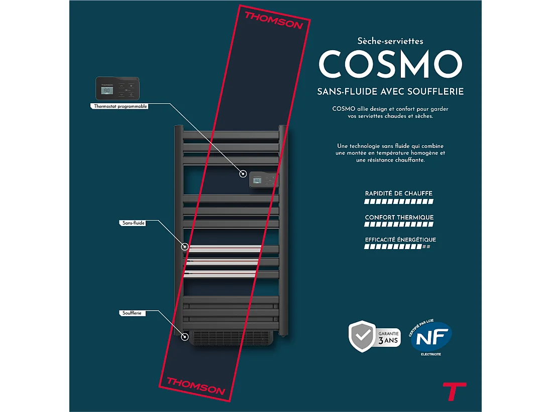 Sèche-serviette électrique sans fluide connecté WiFi avec soufflerie 500 + 1000W Thomson COSMO noir