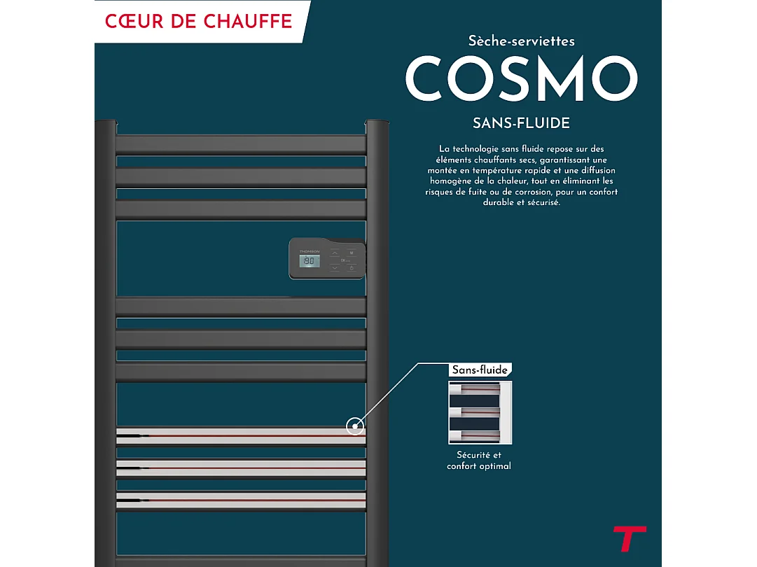 Sèche-serviette électrique sans fluide connecté WiFi avec soufflerie 500 + 1000W Thomson COSMO noir