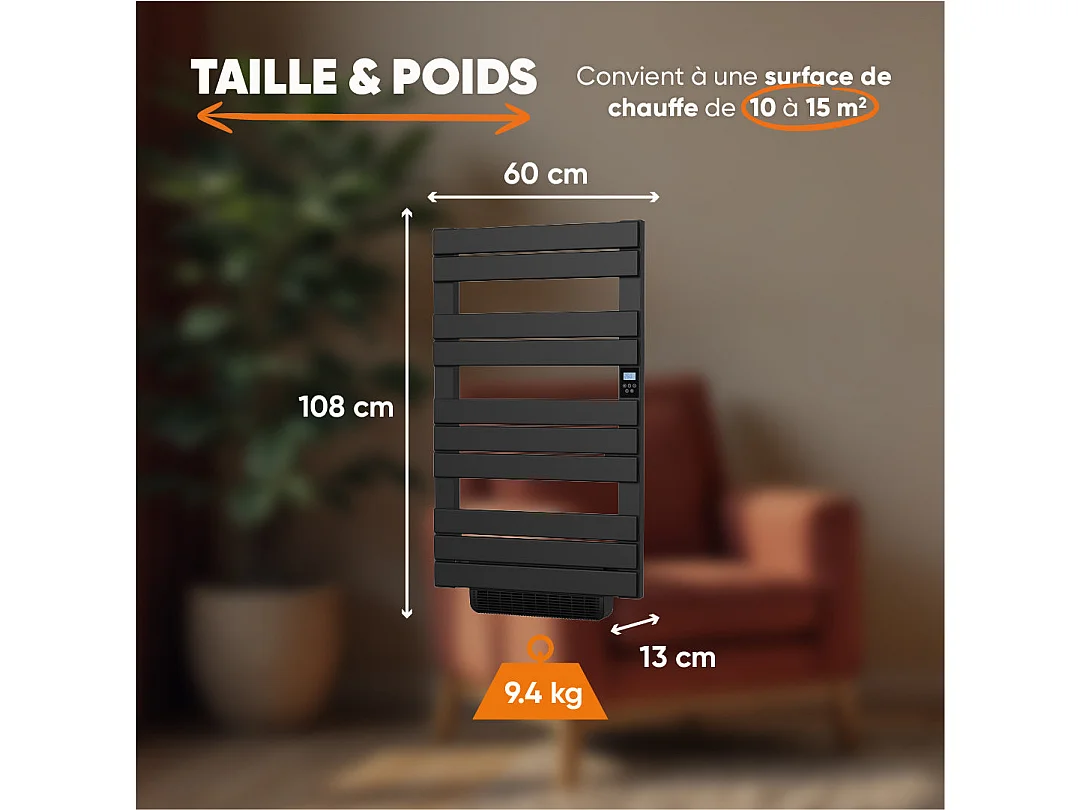 Sèche-serviette électrique sans fluide avec soufflerie 500 + 1000 W H.108,4xL60cm Bestherm HANAE noir