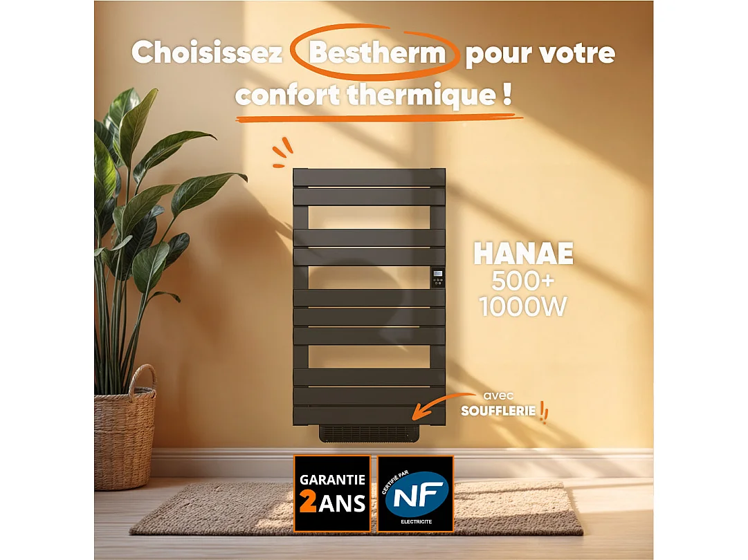 Sèche-serviette électrique sans fluide avec soufflerie 500 + 1000 W H.108,4xL60cm Bestherm HANAE noir