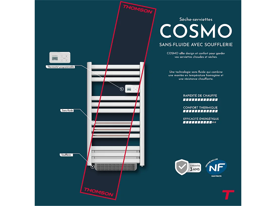 Sèche-serviette électrique sans fluide connecté WiFi avec soufflerie 500 + 1000W Thomson COSMO blanc