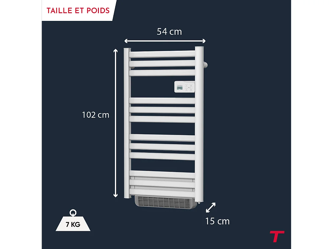 Sèche-serviette électrique sans fluide connecté WiFi avec soufflerie 500 + 1000W Thomson COSMO blanc