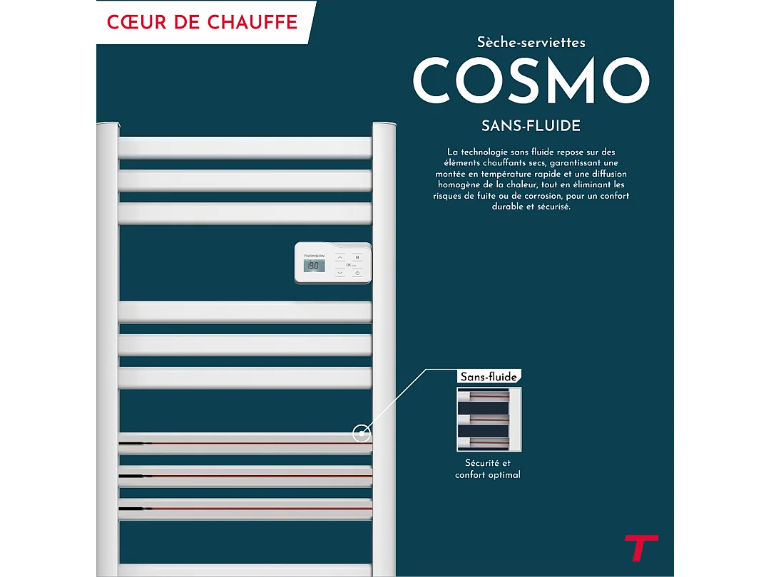 Sèche-serviette électrique sans fluide connecté WiFi avec soufflerie 500 + 1000W Thomson COSMO blanc