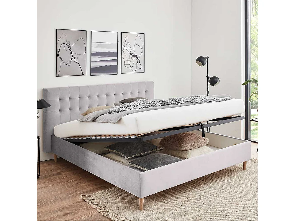 Bett Hellgrau 140x200 cm aus Samt Vierfußgestell aus Holz