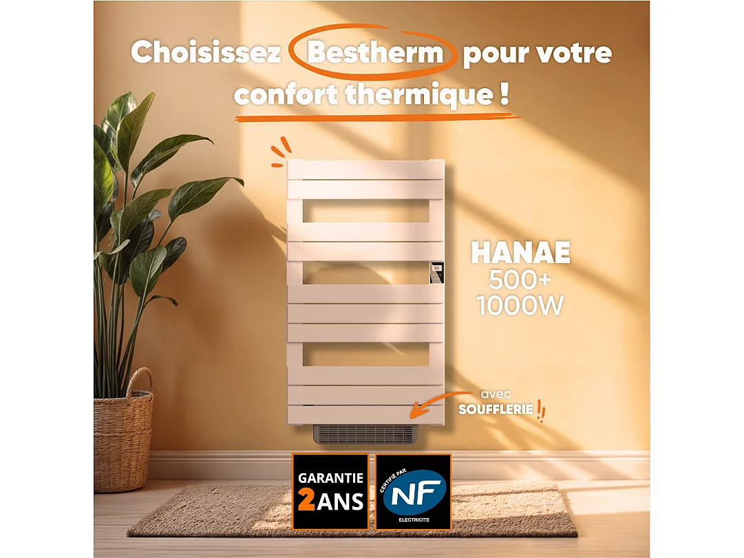 Sèche-serviette électrique sans fluide avec soufflerie 500W+1000W H.108,4xL60cm Bestherm HANAE blanc