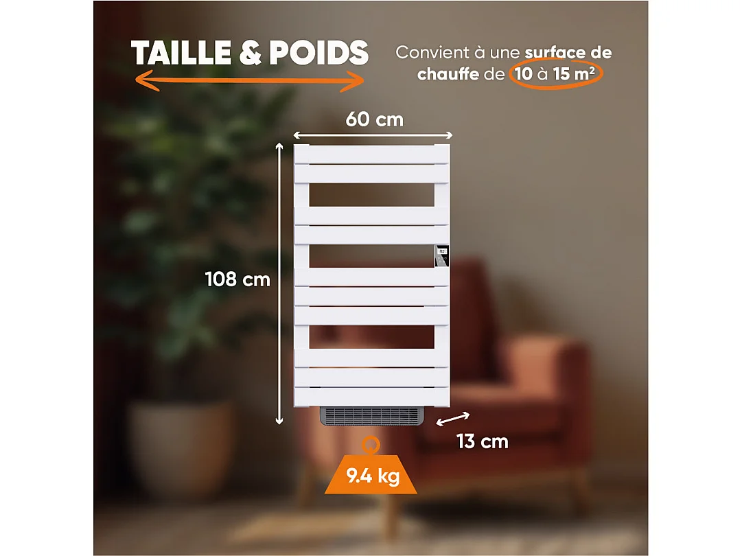 Sèche-serviette électrique sans fluide avec soufflerie 500W+1000W H.108,4xL60cm Bestherm HANAE blanc