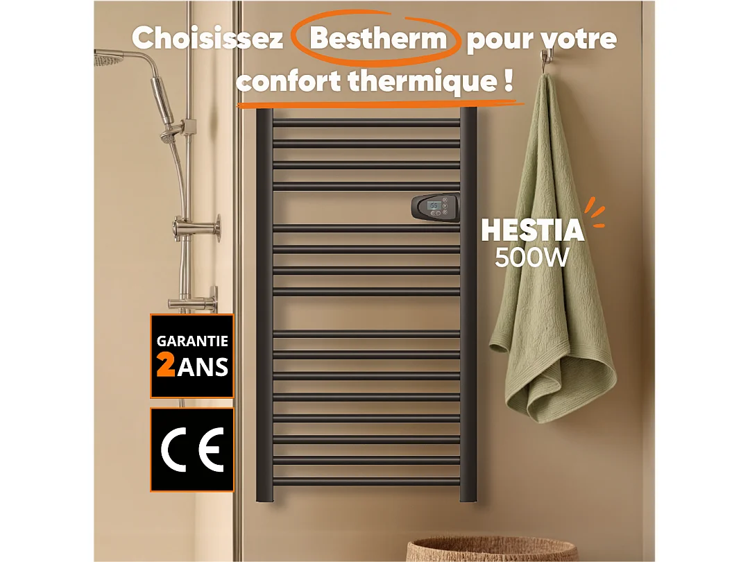Sèche-serviette électrique sans fluide 500W H.98xL54cm Bestherm HESTIA noir