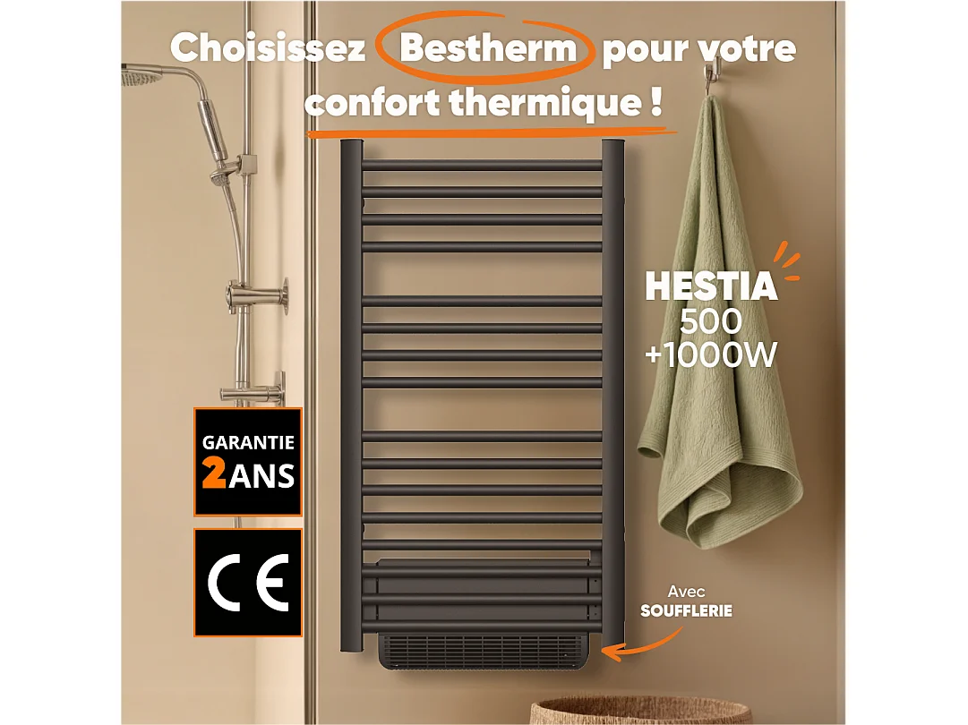 Sèche-serviette électrique sans fluide avec soufflerie 500W+1000W H.100,5xL54cm Bestherm HESTIA noir