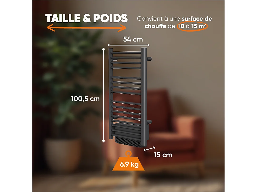 Sèche-serviette électrique sans fluide avec soufflerie 500W+1000W H.100,5xL54cm Bestherm HESTIA noir