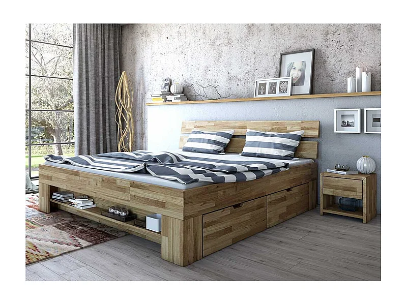 Schubkastenbett mit Konsolen aus Wildeiche Massivholz geölt (dreiteilig)