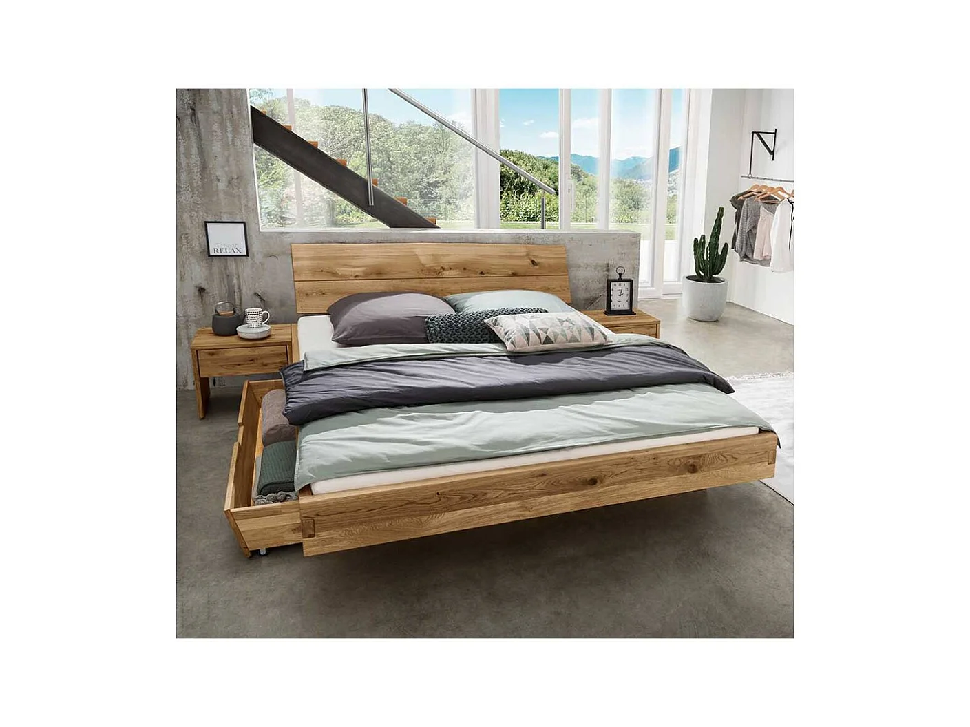 Schubkastenbett Vollholzbett in Wildeichefarben und modernem Design (dreiteilig)