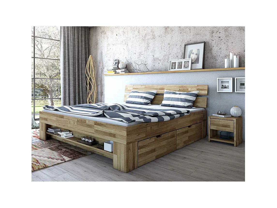 Schubkastenbett mit Konsolen aus Wildeiche Massivholz geölt (dreiteilig)