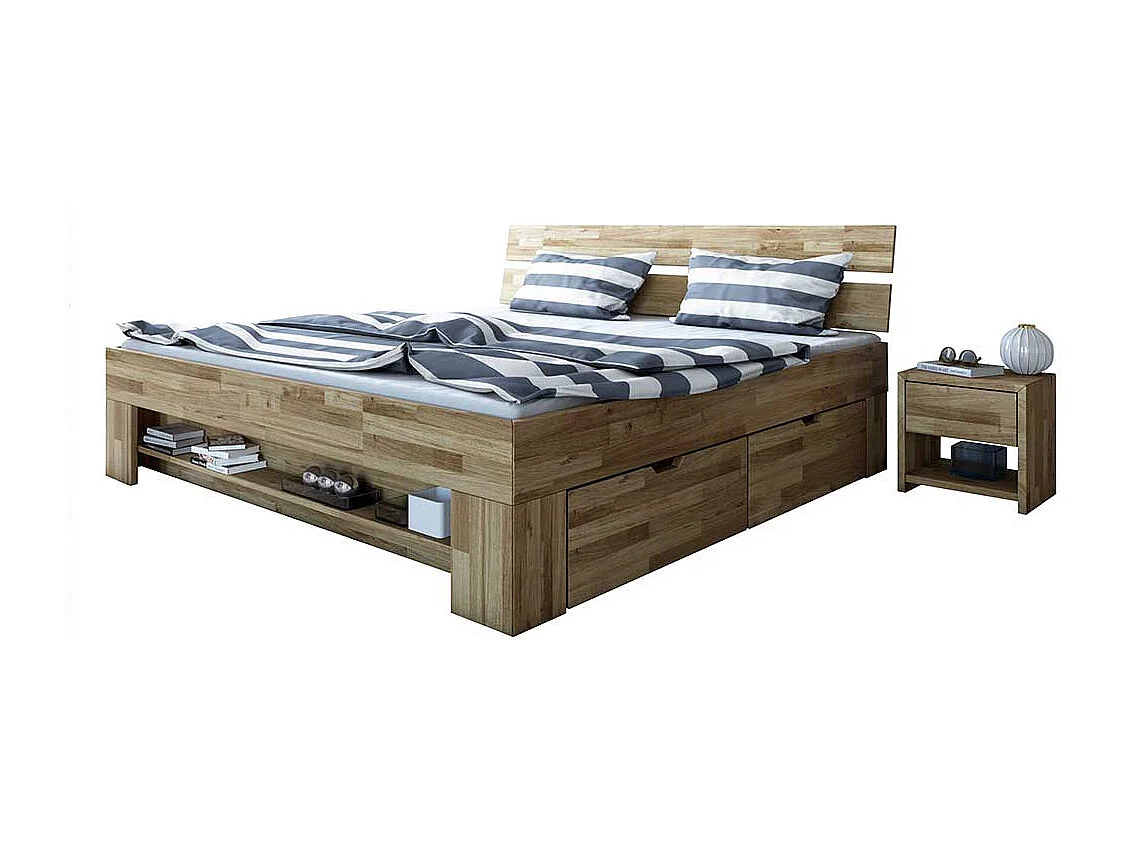 Schubkastenbett mit Konsolen aus Wildeiche Massivholz geölt (dreiteilig)