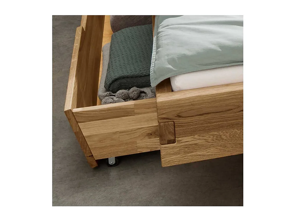 Schubkastenbett Vollholzbett in Wildeichefarben und modernem Design (dreiteilig)