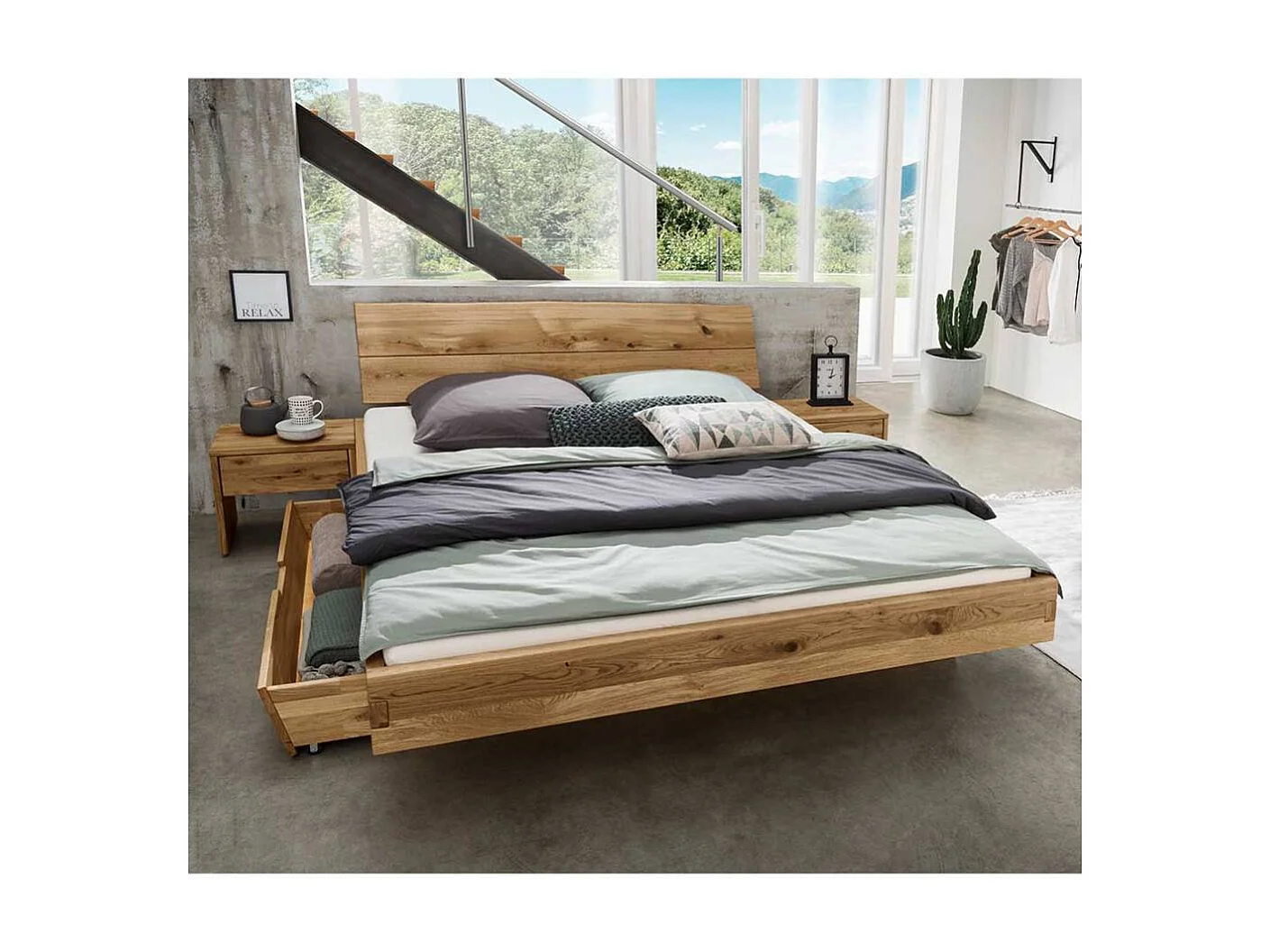 Schubkastenbett Vollholzbett in Wildeichefarben und modernem Design (dreiteilig)