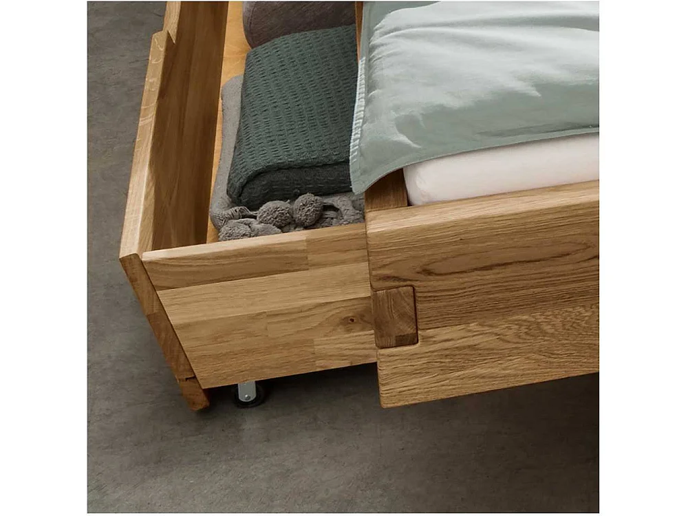 Schubkastenbett Vollholzbett in Wildeichefarben und modernem Design (dreiteilig)