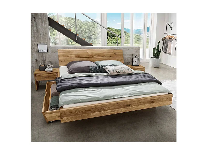 Schubkastenbett Vollholzbett in Wildeichefarben und modernem Design (dreiteilig)